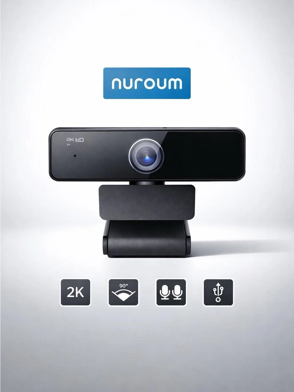 Nuroum 2K USB Webcam in Black with Dual Microphones and 90° Wide Angle